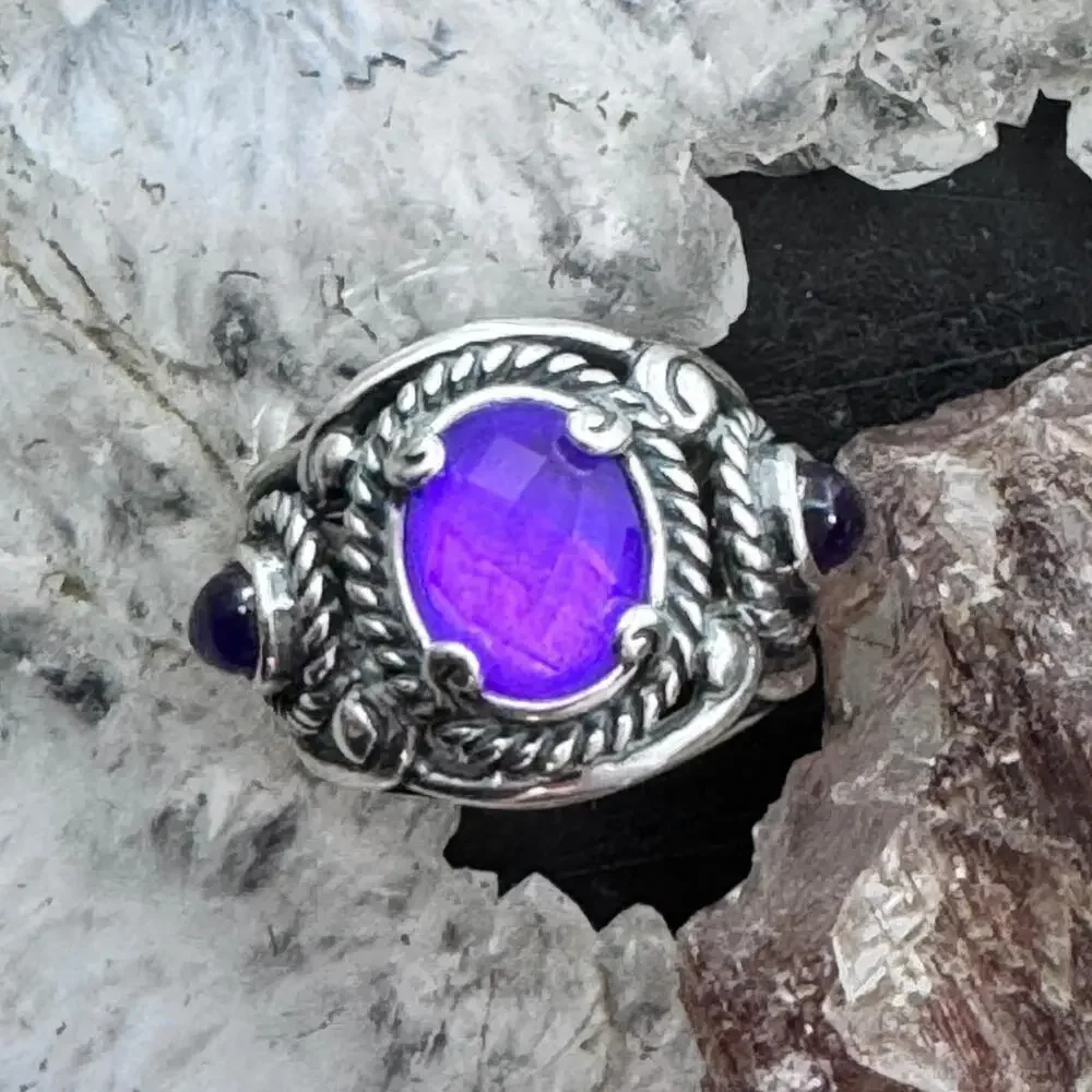 Carolyn Pollack Sterling 3 Amethyst Decorated Doublet Ring Size 5 For Women